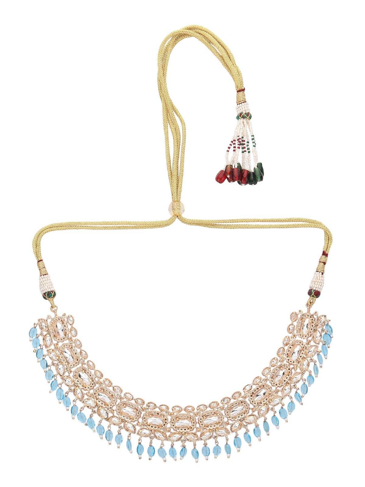 Gold Plated Moissanite Choker Necklace Set with Earrings and Maangtikka - Auraa Trends