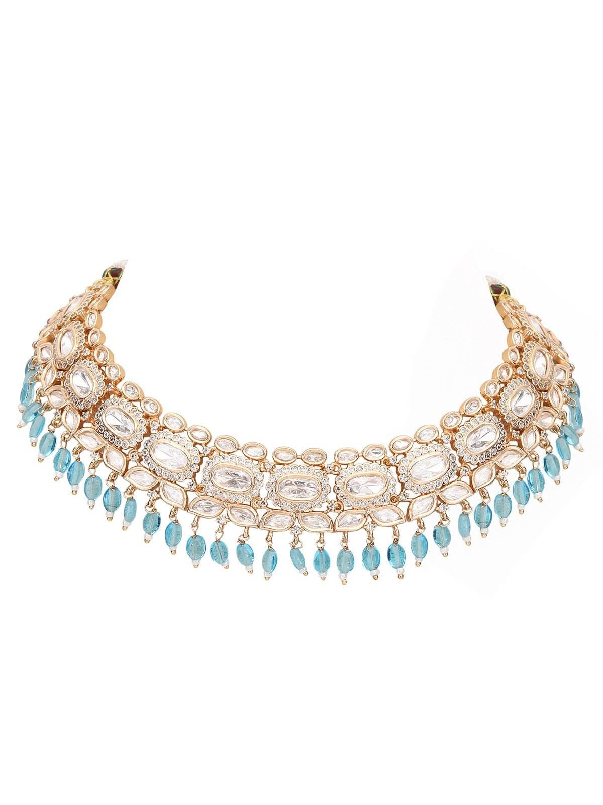 Gold Plated Moissanite Choker Necklace Set with Earrings and Maangtikka - Auraa Trends