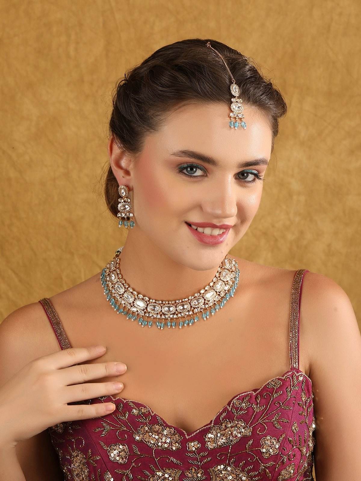Gold Plated Moissanite Choker Necklace Set with Earrings and Maangtikka - Auraa Trends