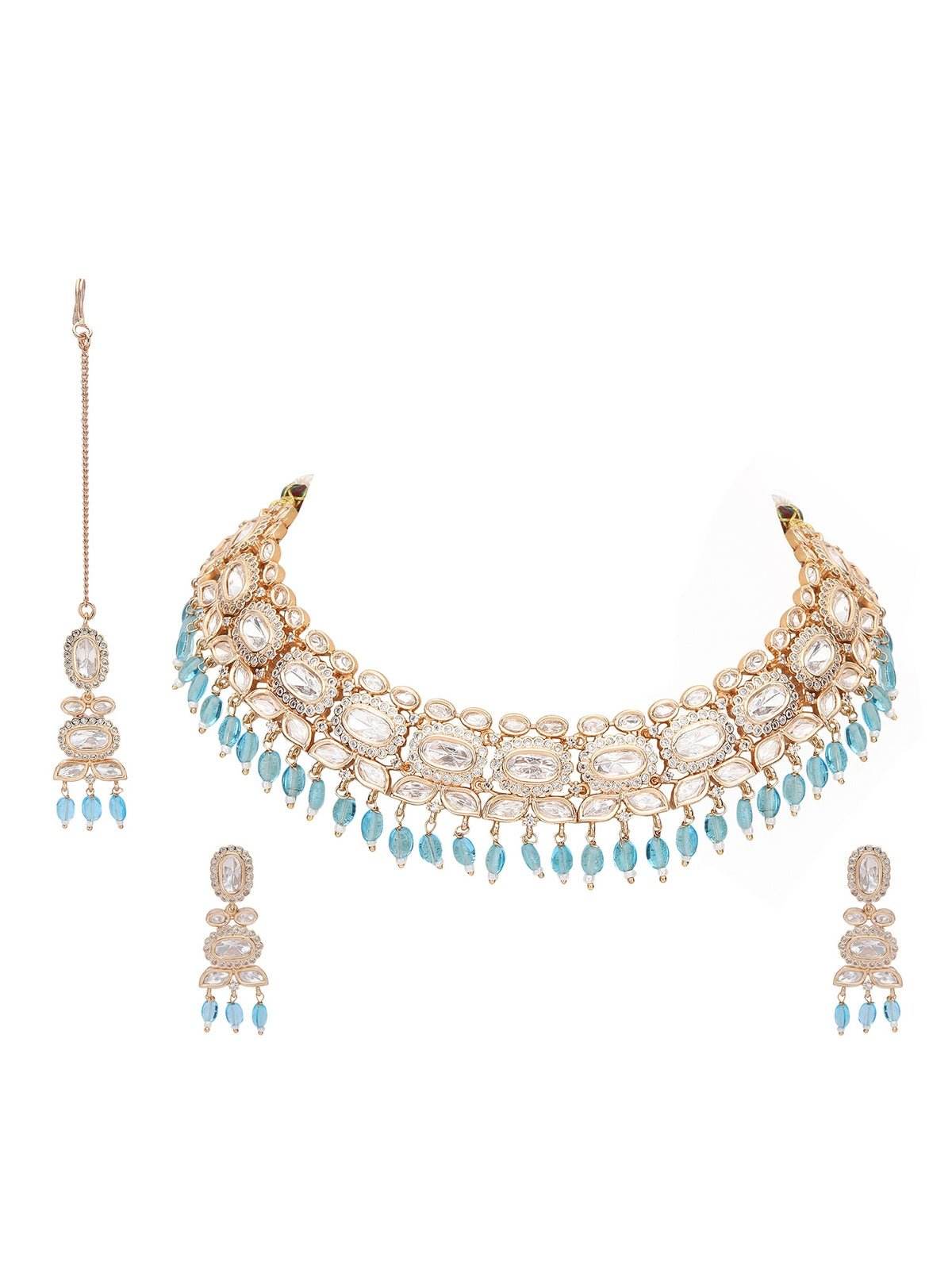 Gold Plated Moissanite Choker Necklace Set with Earrings and Maangtikka - Auraa Trends