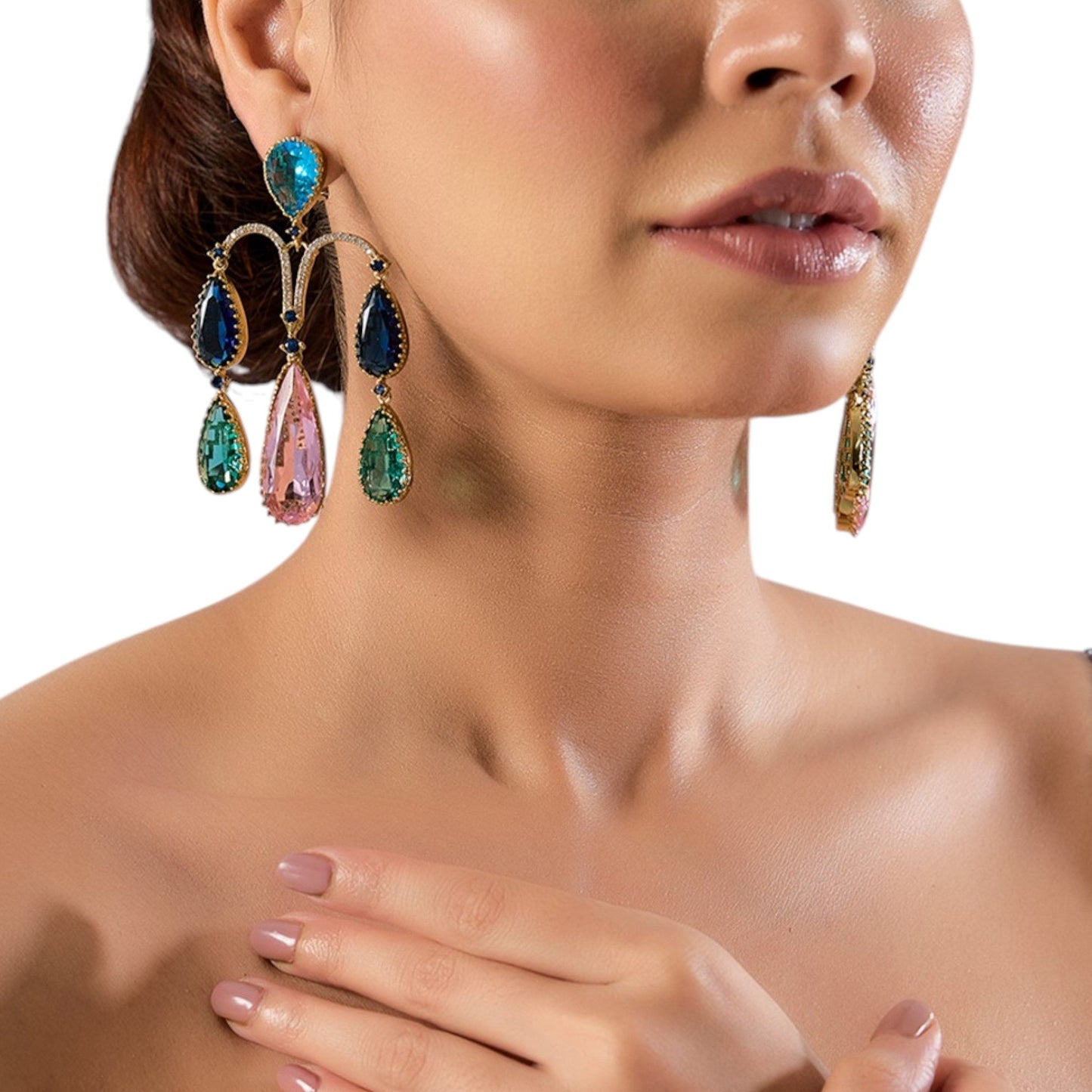 Gold - Plated Multi - Color Teardrop Statement Earrings - Auraa Trends - Earrings - - Auraa Trends - Gold - plated statement earrings with multi - color teardrop stones in pink, blue, and green hues, arranged in an arch - drop design, ideal for cocktail or party wear."