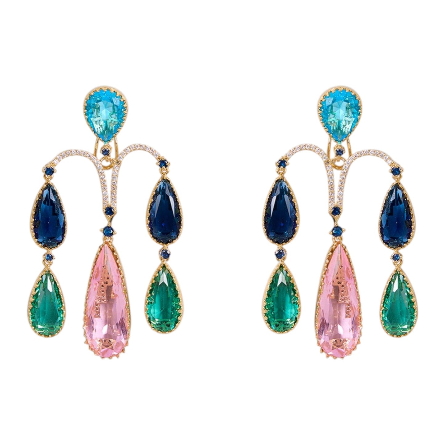 Gold - Plated Multi - Color Teardrop Statement Earrings - Auraa Trends - Earrings - - Auraa Trends - Gold - plated statement earrings with multi - color teardrop stones in pink, blue, and green hues, arranged in an arch - drop design, ideal for cocktail or party wear."