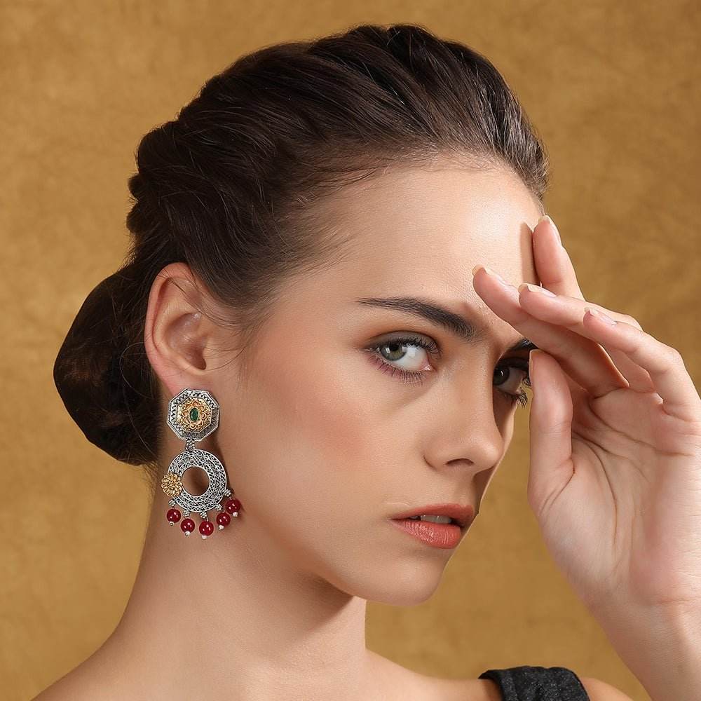 Gold-Plated Oxidized Chandelier Earrings with Red Beads - Auraa Trends