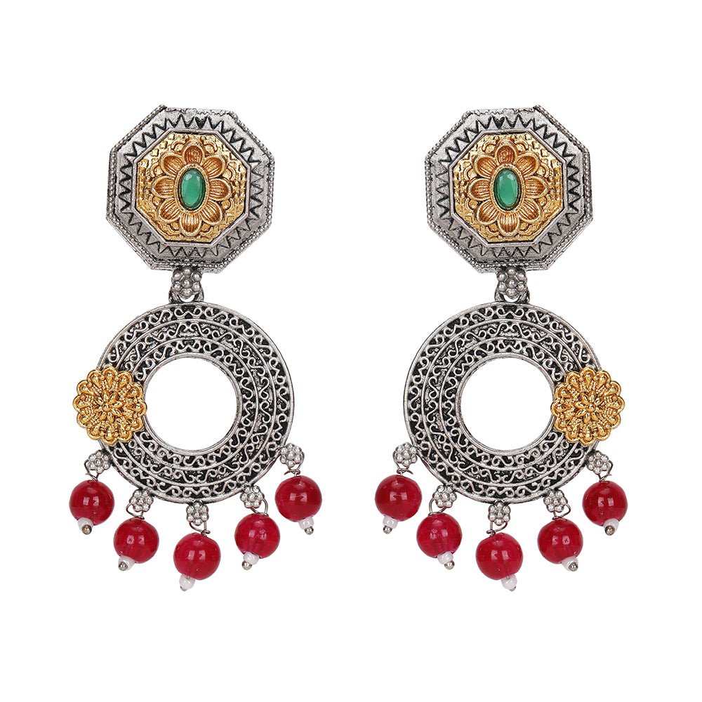 Gold-Plated Oxidized Chandelier Earrings with Red Beads - Auraa Trends - Chandelier Earrings -Chandelier Earrings chandelier