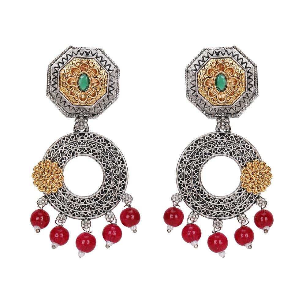 Gold-Plated Oxidized Chandelier Earrings with Red Beads - Auraa Trends