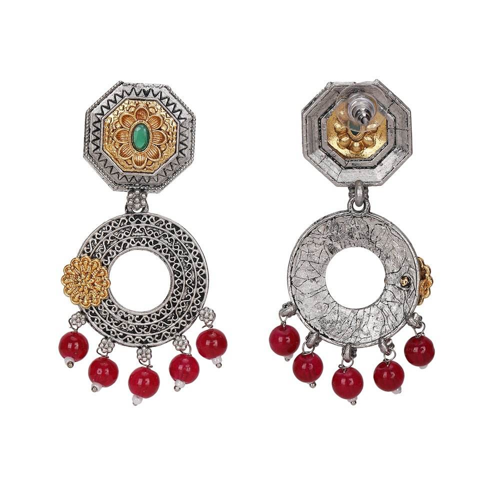 Gold-Plated Oxidized Chandelier Earrings with Red Beads - Auraa Trends