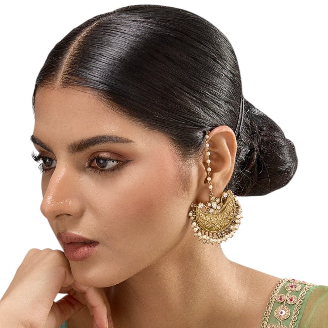 Gold - Plated Pearl Embellished Traditional Ear Chain Chandbali Earrings for Women - Auraa Trends - Earrings - - Auraa Trends - Traditional gold - plated chandbali earrings with kundan stones, pearl drops, and elegant ear chains for women