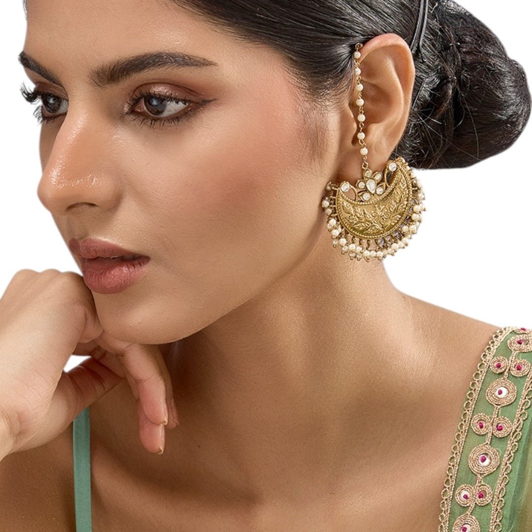 Gold - Plated Pearl Embellished Traditional Ear Chain Chandbali Earrings for Women - Auraa Trends - Earrings - - Auraa Trends - Traditional gold - plated chandbali earrings with kundan stones, pearl drops, and elegant ear chains for women