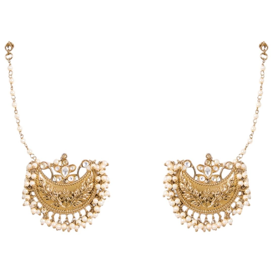 Gold - Plated Pearl Embellished Traditional Ear Chain Chandbali Earrings for Women - Auraa Trends - Earrings - - Auraa Trends - Traditional gold - plated chandbali earrings with kundan stones, pearl drops, and elegant ear chains for women