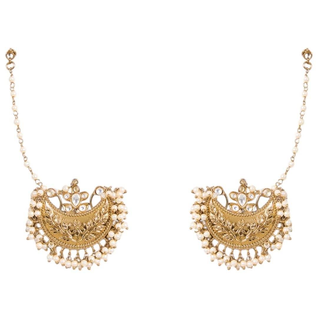 Gold-Plated Pearl Embellished Traditional Ear Chain Chandbali Earrings for Women - Auraa Trends