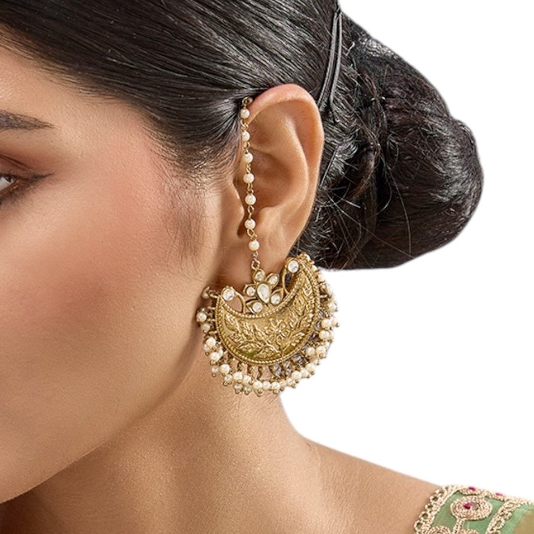 Gold - Plated Pearl Embellished Traditional Ear Chain Chandbali Earrings for Women - Auraa Trends - Earrings - - Auraa Trends - Traditional gold - plated chandbali earrings with kundan stones, pearl drops, and elegant ear chains for women