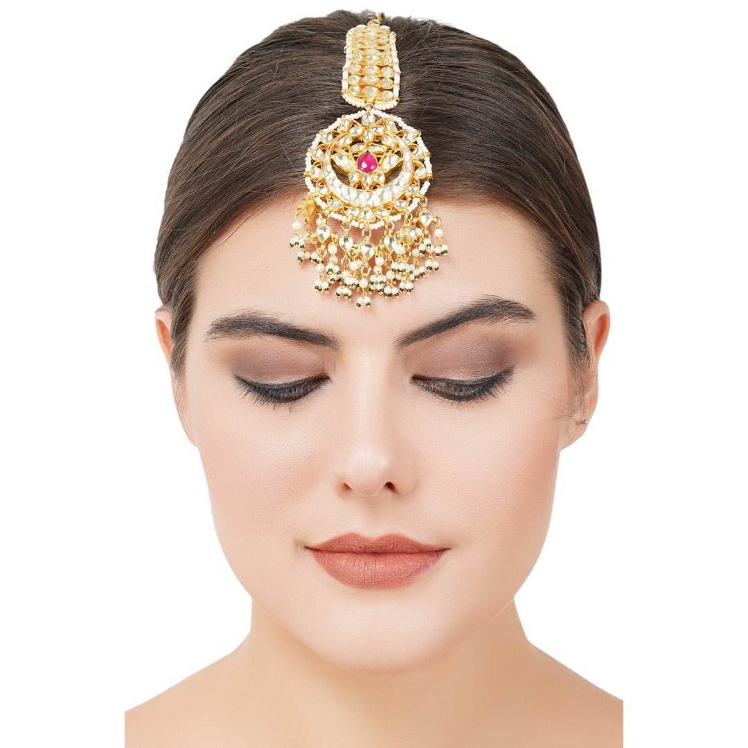 Gold Plated Pearl & Kundan Polki Maangtikka - Auraa Trends