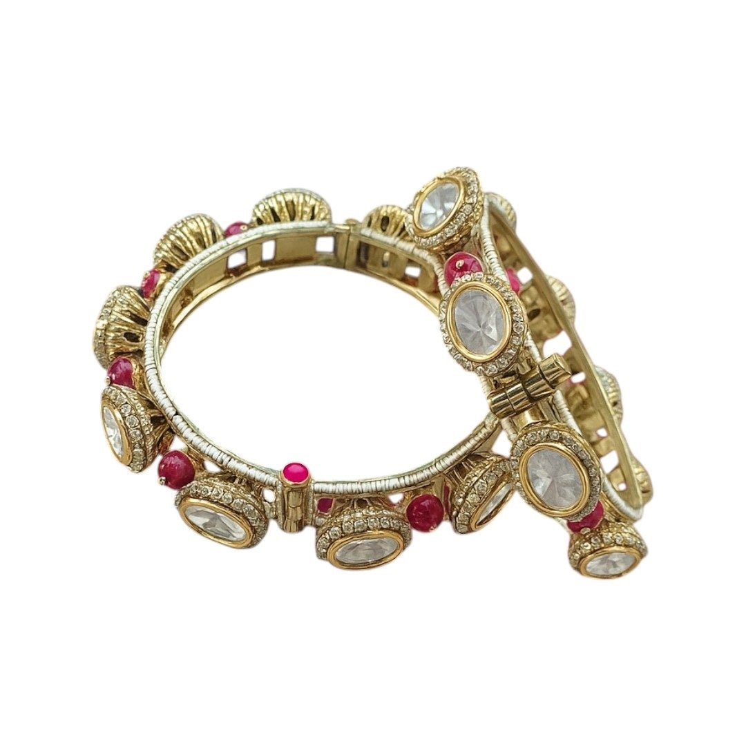 Gold Plated Pink Bead Kundan Studded Traditional Bangles for Women - Auraa Trends - Bangles - - Auraa Trends - Traditional gold plated bangles with white kundan stones and pink beads – festive Indian bridal jewelry for women.