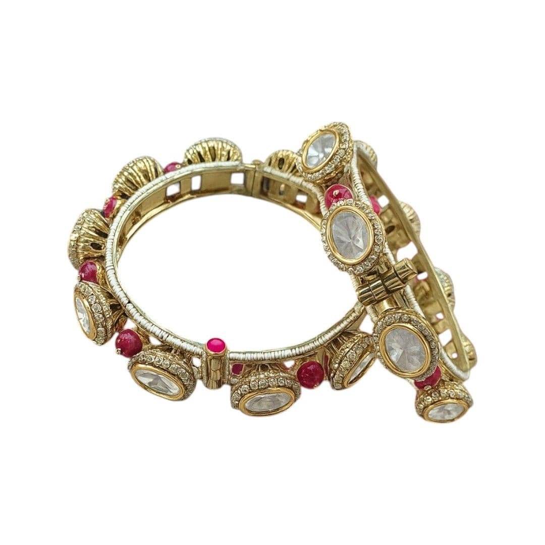 Gold Plated Pink Bead Kundan Studded Traditional Bangles for Women - Auraa Trends
