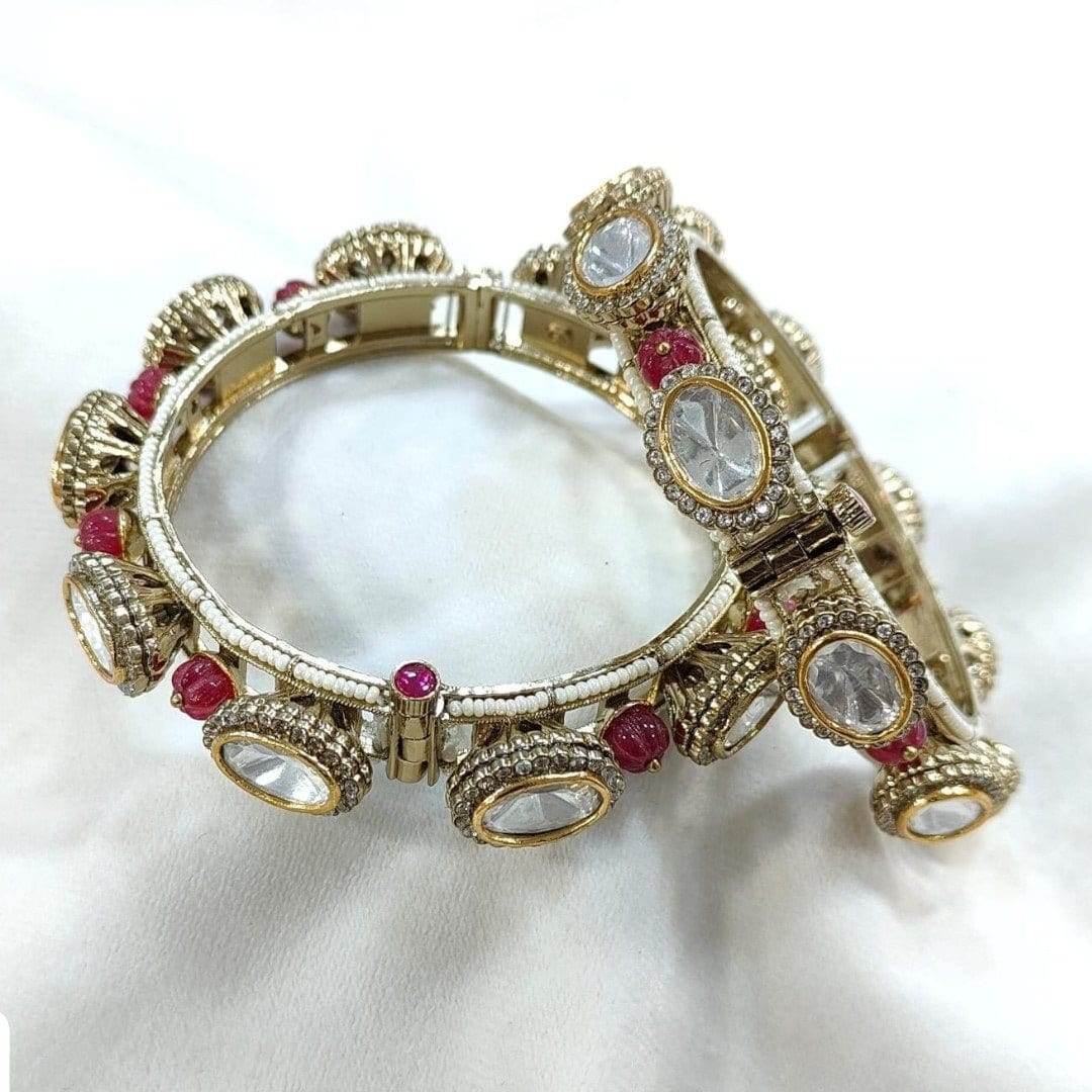 Gold Plated Pink Bead Kundan Studded Traditional Bangles for Women - Auraa Trends