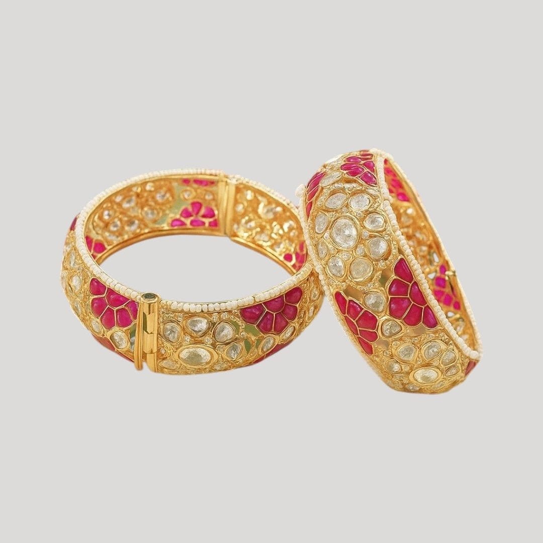Gold - Plated Pink Meenakari Kundan Bangles for Women - Auraa Trends - Bangles - - Auraa Trends - Traditional gold - plated bangles with white kundan stones and pink meenakari floral enamel work – perfect for ethnic and festive wear.