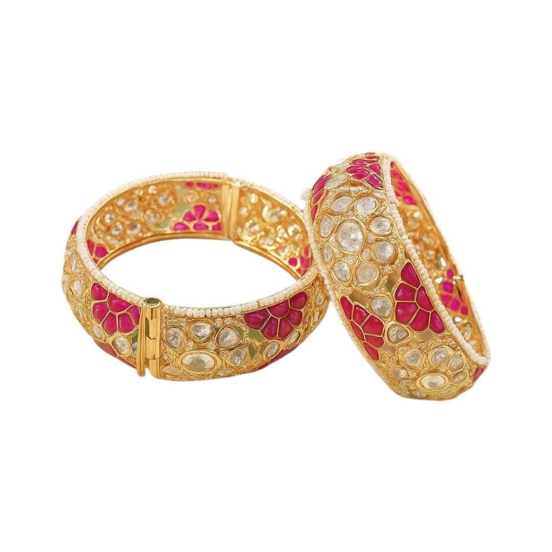 Gold - Plated Pink Meenakari Kundan Bangles for Women - Auraa Trends - Bangles - - Auraa Trends - Traditional gold - plated bangles with white kundan stones and pink meenakari floral enamel work – perfect for ethnic and festive wear.