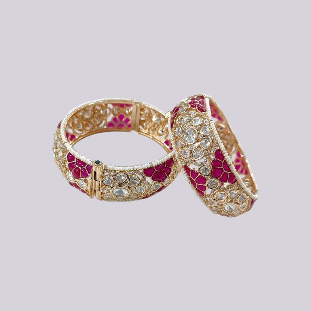 Gold - Plated Pink Meenakari Kundan Bangles for Women - Auraa Trends - Bangles - - Auraa Trends - Traditional gold - plated bangles with white kundan stones and pink meenakari floral enamel work – perfect for ethnic and festive wear.