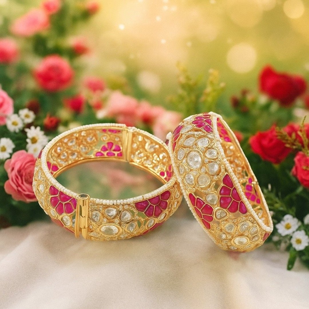 Gold - Plated Pink Meenakari Kundan Bangles for Women - Auraa Trends - Bangles - - Auraa Trends - Traditional gold - plated bangles with white kundan stones and pink meenakari floral enamel work – perfect for ethnic and festive wear.