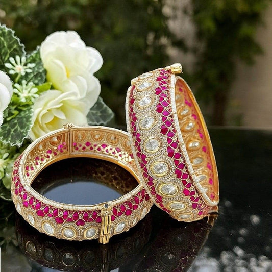 Gold-Plated Pink Meenakari Kundan Studded Openable Bangles for Women - Auraa Trends