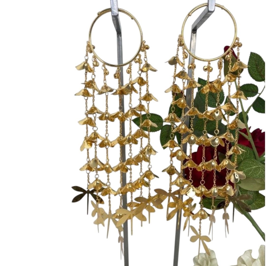 Gold - Plated Punjabi Bridal Kaleere with Floral Bells & Dragonfly Danglers - Auraa Trends - Kaleere - - Auraa Trends - Gold - plated Punjabi bridal kaleere with cascading floral bell chains and dragonfly - shaped danglers – elegant nature - inspired traditional Indian wedding jewellery.