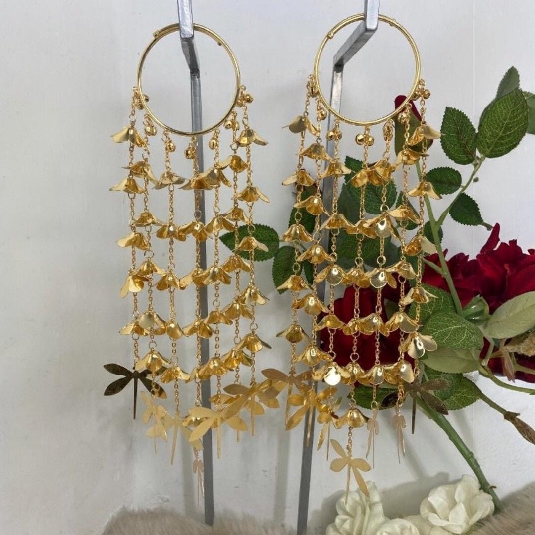 Gold - Plated Punjabi Bridal Kaleere with Floral Bells & Dragonfly Danglers - Auraa Trends - Kaleere - - Auraa Trends - Gold - plated Punjabi bridal kaleere with cascading floral bell chains and dragonfly - shaped danglers – elegant nature - inspired traditional Indian wedding jewellery.