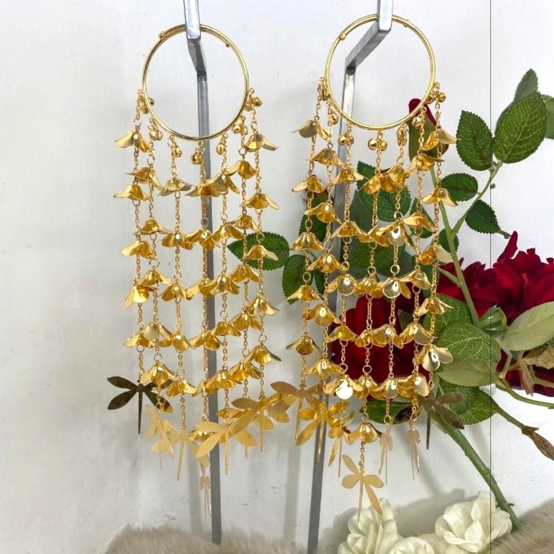 Gold - Plated Punjabi Bridal Kaleere with Floral Bells & Dragonfly Danglers - Auraa Trends - Kaleere - - Auraa Trends - Gold - plated Punjabi bridal kaleere with cascading floral bell chains and dragonfly - shaped danglers – elegant nature - inspired traditional Indian wedding jewellery.