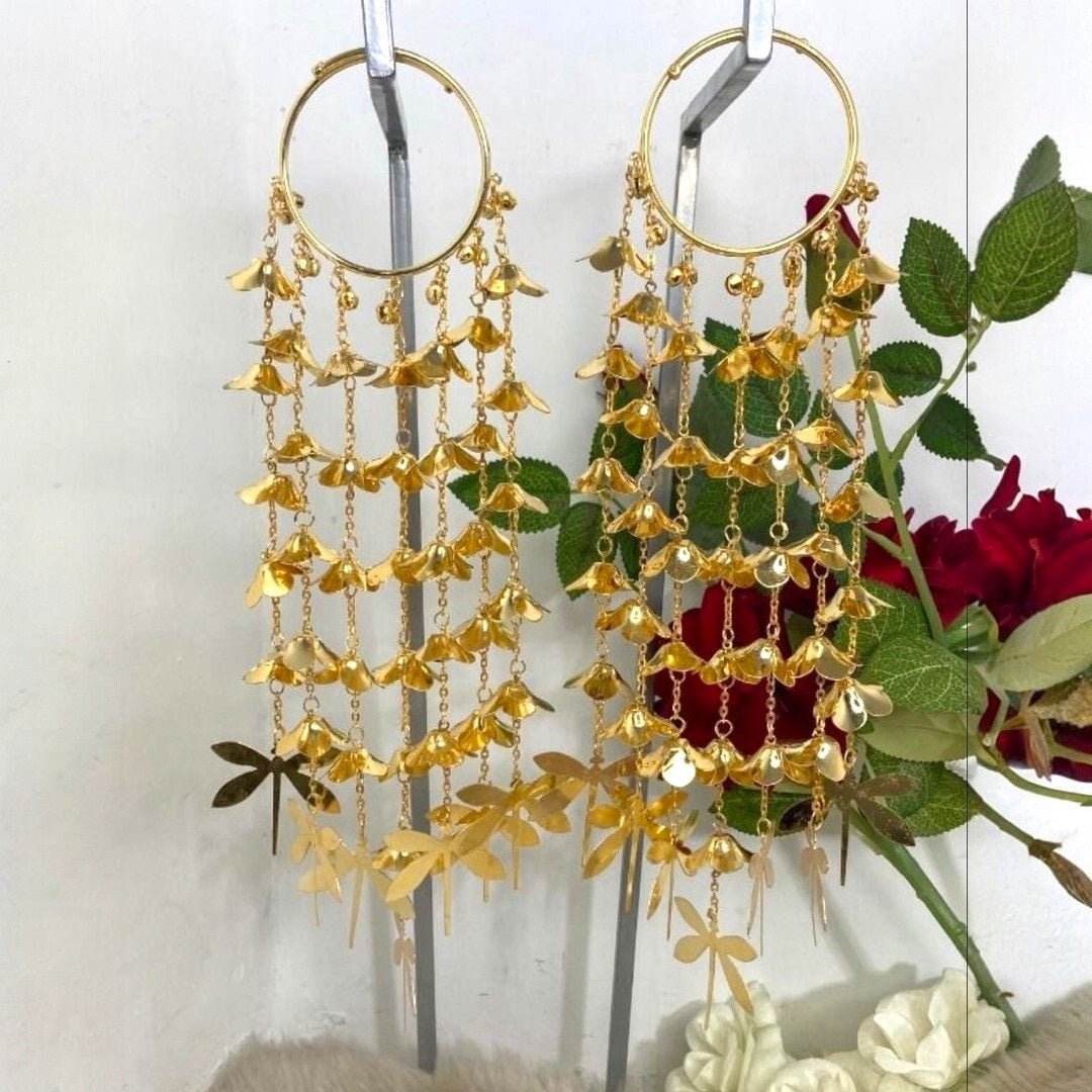 Gold-Plated Punjabi Bridal Kaleere with Floral Bells & Dragonfly Danglers - Auraa Trends