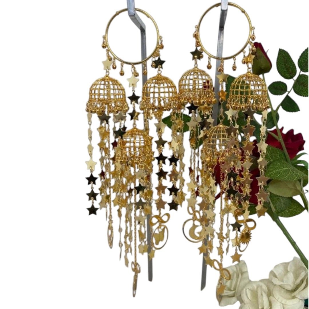 Gold - Plated Punjabi Bridal Kaleere with Multi - Dome & Star Danglers - Auraa Trends - Kaleere - - Auraa Trends - Gold - plated Punjabi bridal kaleere with multiple cage - style domes and cascading star - shaped danglers in a celestial - themed design – traditional Indian wedding jewellery.