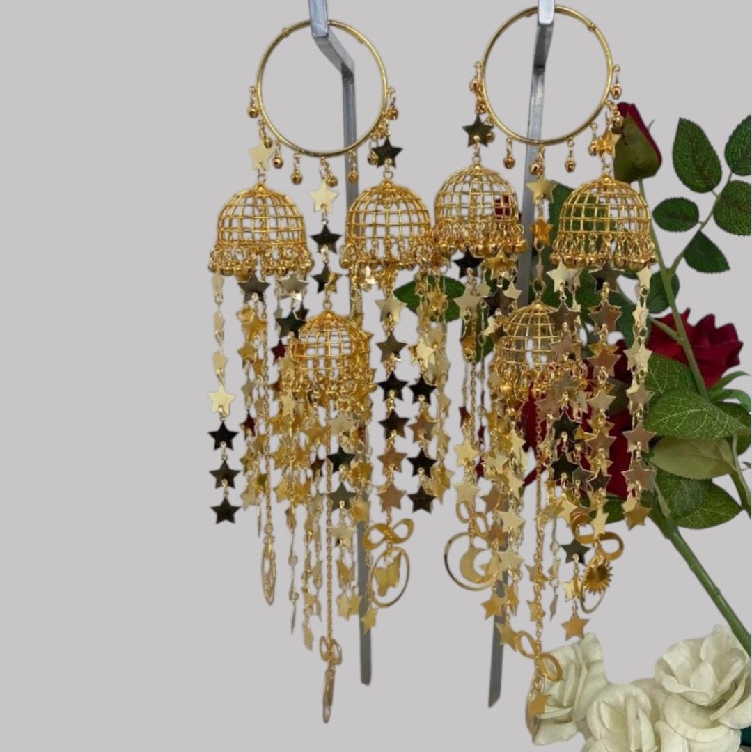 Gold - Plated Punjabi Bridal Kaleere with Multi - Dome & Star Danglers - Auraa Trends - Kaleere - - Auraa Trends - Gold - plated Punjabi bridal kaleere with multiple cage - style domes and cascading star - shaped danglers in a celestial - themed design – traditional Indian wedding jewellery.