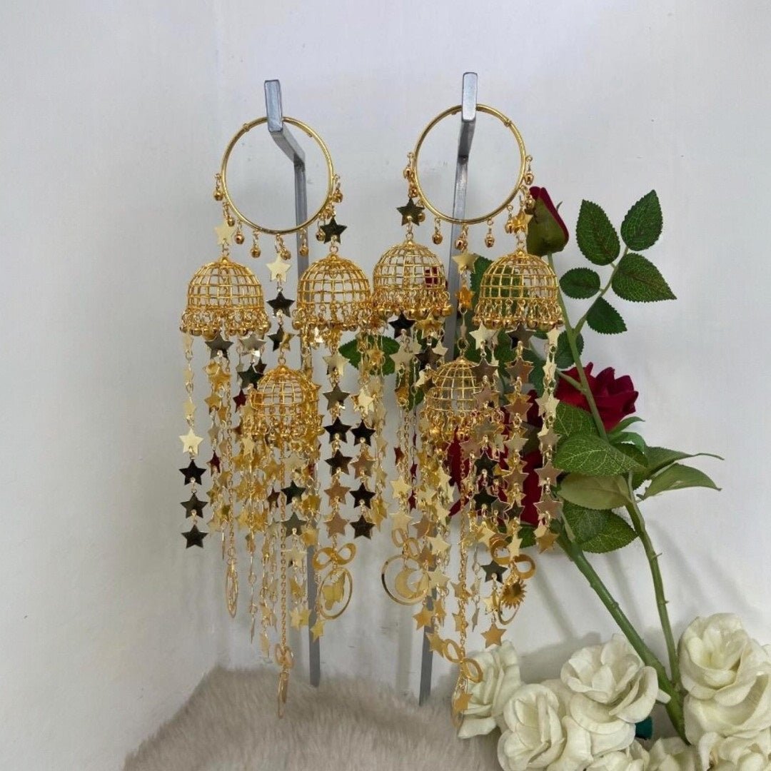 Gold - Plated Punjabi Bridal Kaleere with Multi - Dome & Star Danglers - Auraa Trends - Kaleere - - Auraa Trends - Gold - plated Punjabi bridal kaleere with multiple cage - style domes and cascading star - shaped danglers in a celestial - themed design – traditional Indian wedding jewellery.