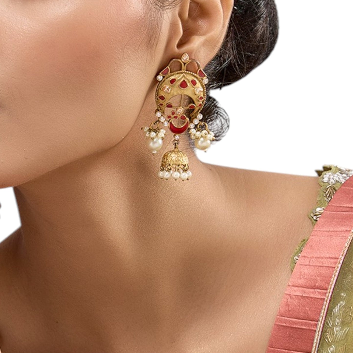 Gold - Plated Red Enamel Jhumka Earrings with Pearl Drops - Auraa Trends - Earrings - - Auraa Trends - Gold - plated ethnic jhumka earrings with red enamel accents, crescent motif, and pearl drop embellishments for festive wear."