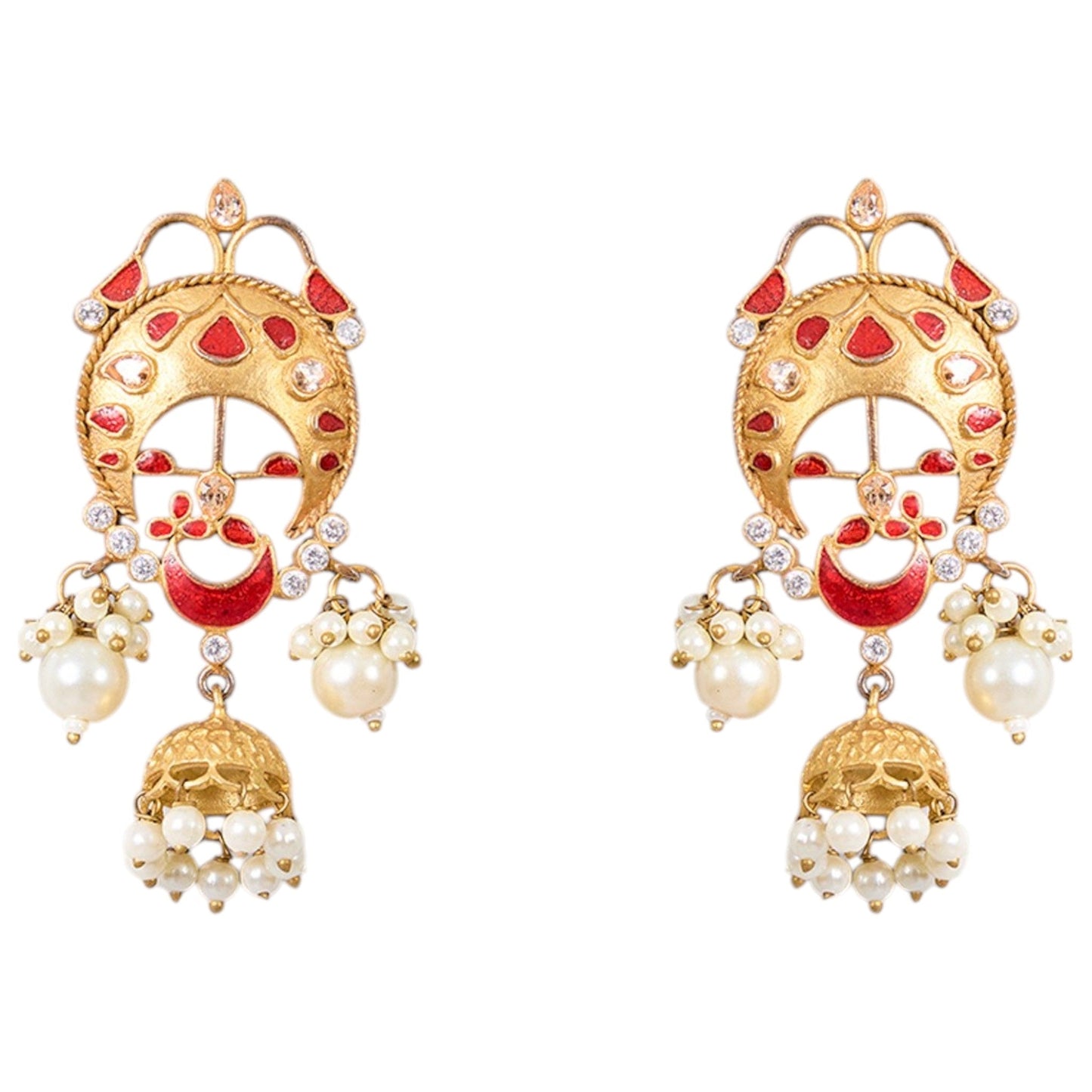 Gold - Plated Red Enamel Jhumka Earrings with Pearl Drops - Auraa Trends - Earrings - - Auraa Trends - Gold - plated ethnic jhumka earrings with red enamel accents, crescent motif, and pearl drop embellishments for festive wear."