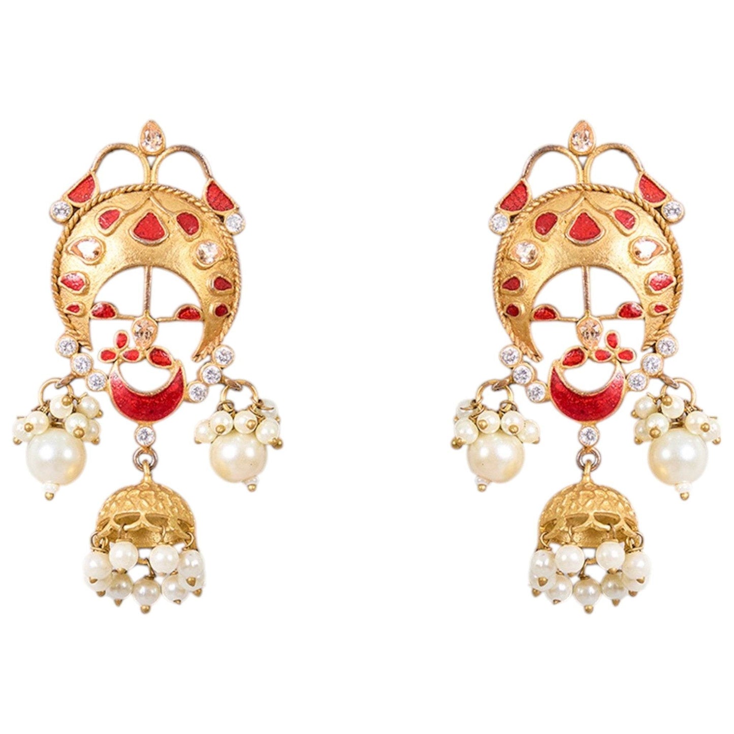 Gold-Plated Red Enamel Jhumka Earrings with Pearl Drops - Auraa Trends