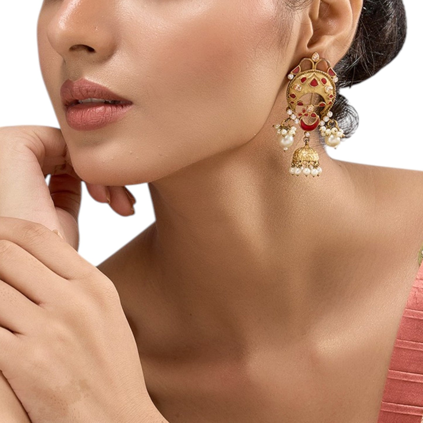 Gold - Plated Red Enamel Jhumka Earrings with Pearl Drops - Auraa Trends - Earrings - - Auraa Trends - Gold - plated ethnic jhumka earrings with red enamel accents, crescent motif, and pearl drop embellishments for festive wear."