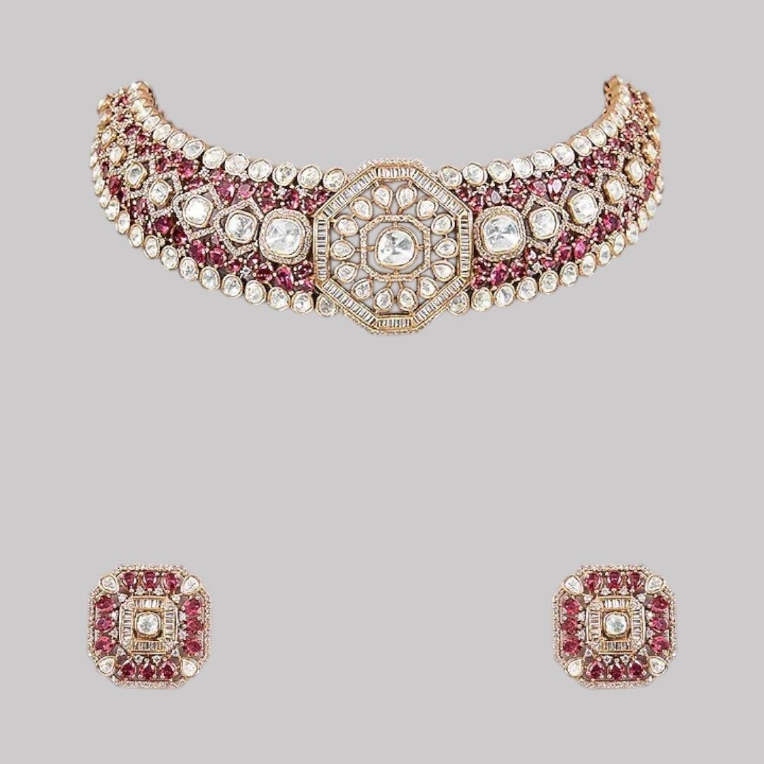 Gold - Plated Red Kundan & Pearl Choker Necklace Set with Stud Earrings - Auraa Trends - Necklace Set - - Auraa Trends - Woman wearing a gold - plated red kundan choker necklace set with matching square stud earrings and pearl detailing – perfect for weddings or festive occasions.