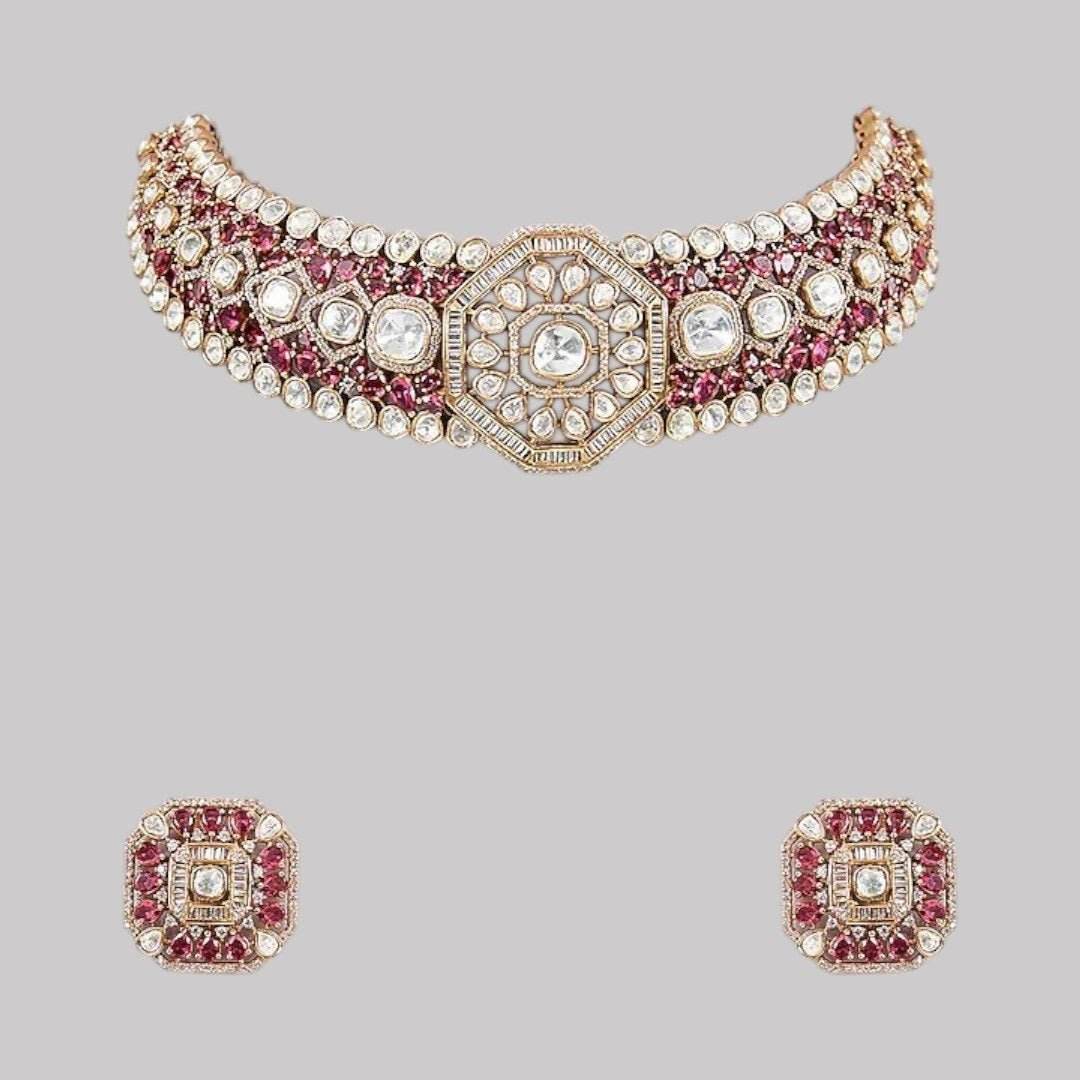 Gold-Plated Red Kundan & Pearl Choker Necklace Set with Stud Earrings - Auraa Trends