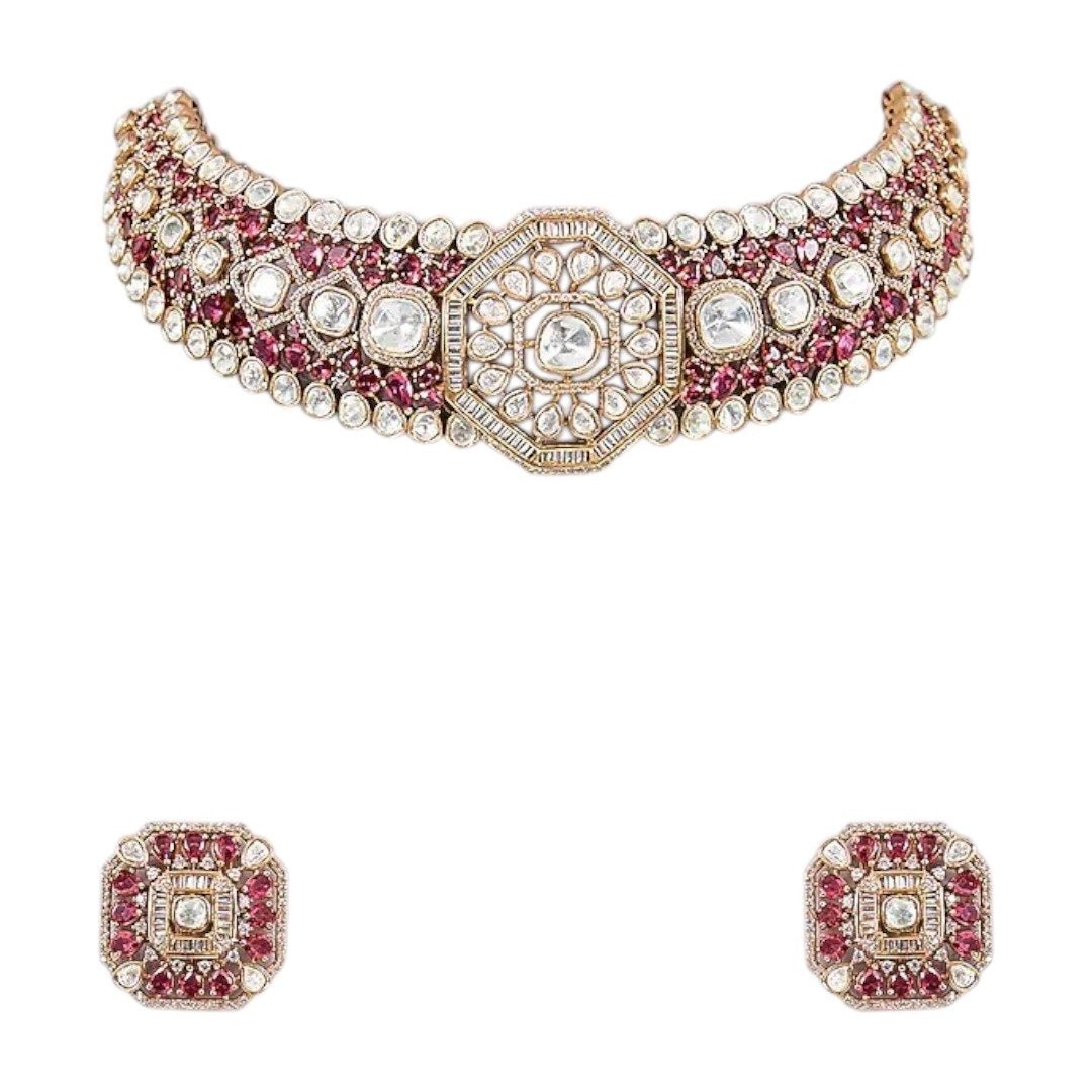 Gold - Plated Red Kundan & Pearl Choker Necklace Set with Stud Earrings - Auraa Trends - Necklace Set - - Auraa Trends - Woman wearing a gold - plated red kundan choker necklace set with matching square stud earrings and pearl detailing – perfect for weddings or festive occasions.
