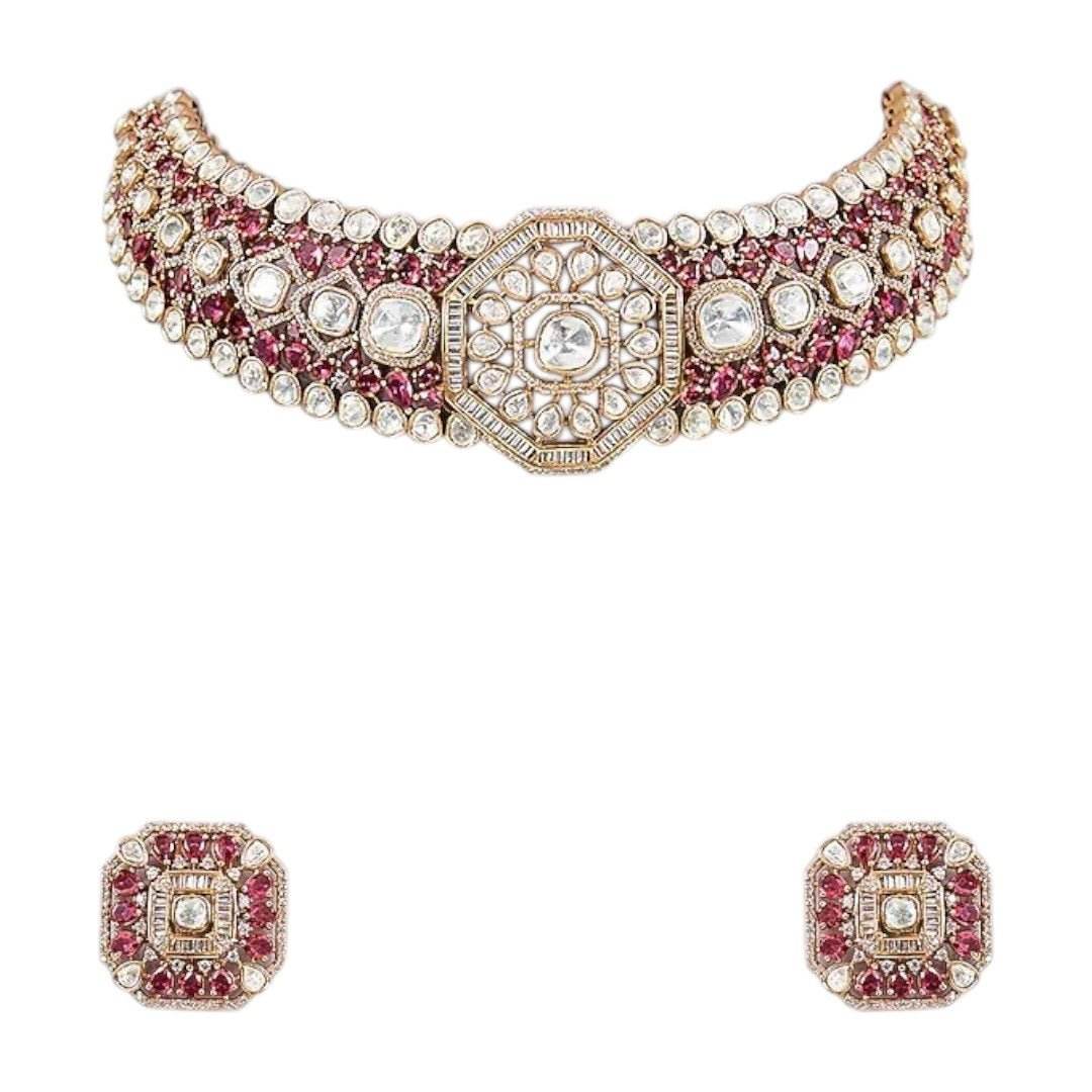 Gold-Plated Red Kundan & Pearl Choker Necklace Set with Stud Earrings - Auraa Trends