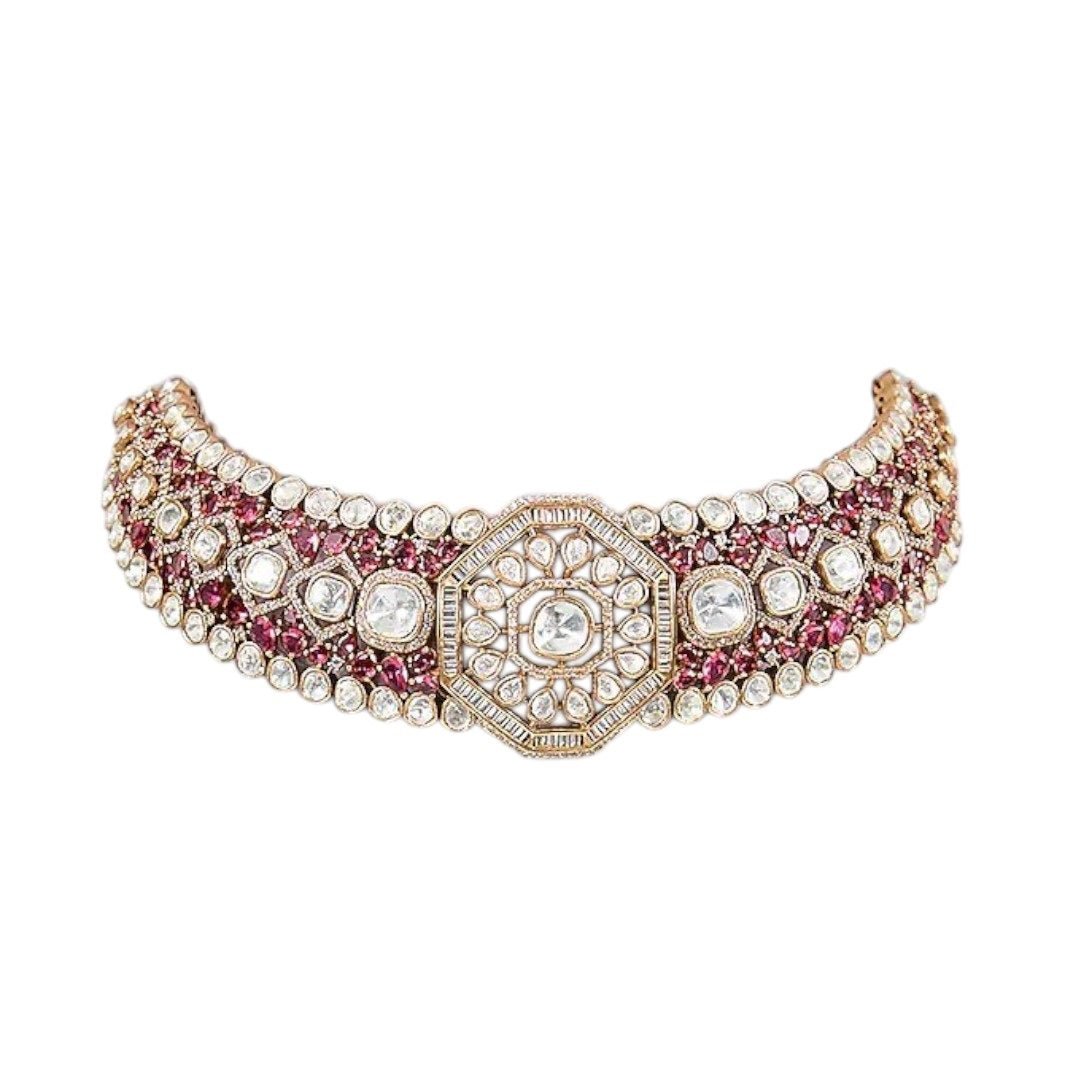 Gold - Plated Red Kundan & Pearl Choker Necklace Set with Stud Earrings - Auraa Trends - Necklace Set - - Auraa Trends - Woman wearing a gold - plated red kundan choker necklace set with matching square stud earrings and pearl detailing – perfect for weddings or festive occasions.