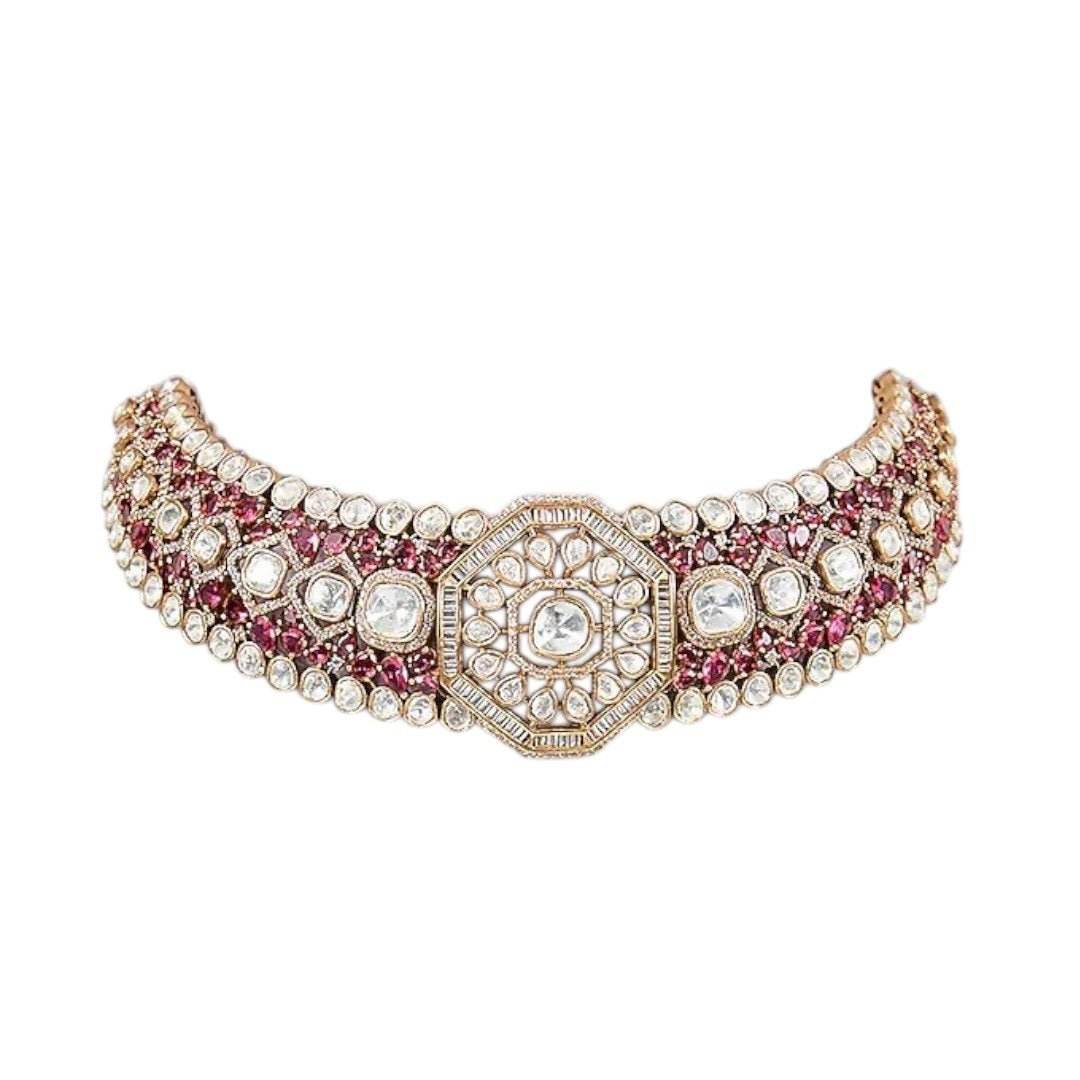 Gold-Plated Red Kundan & Pearl Choker Necklace Set with Stud Earrings - Auraa Trends