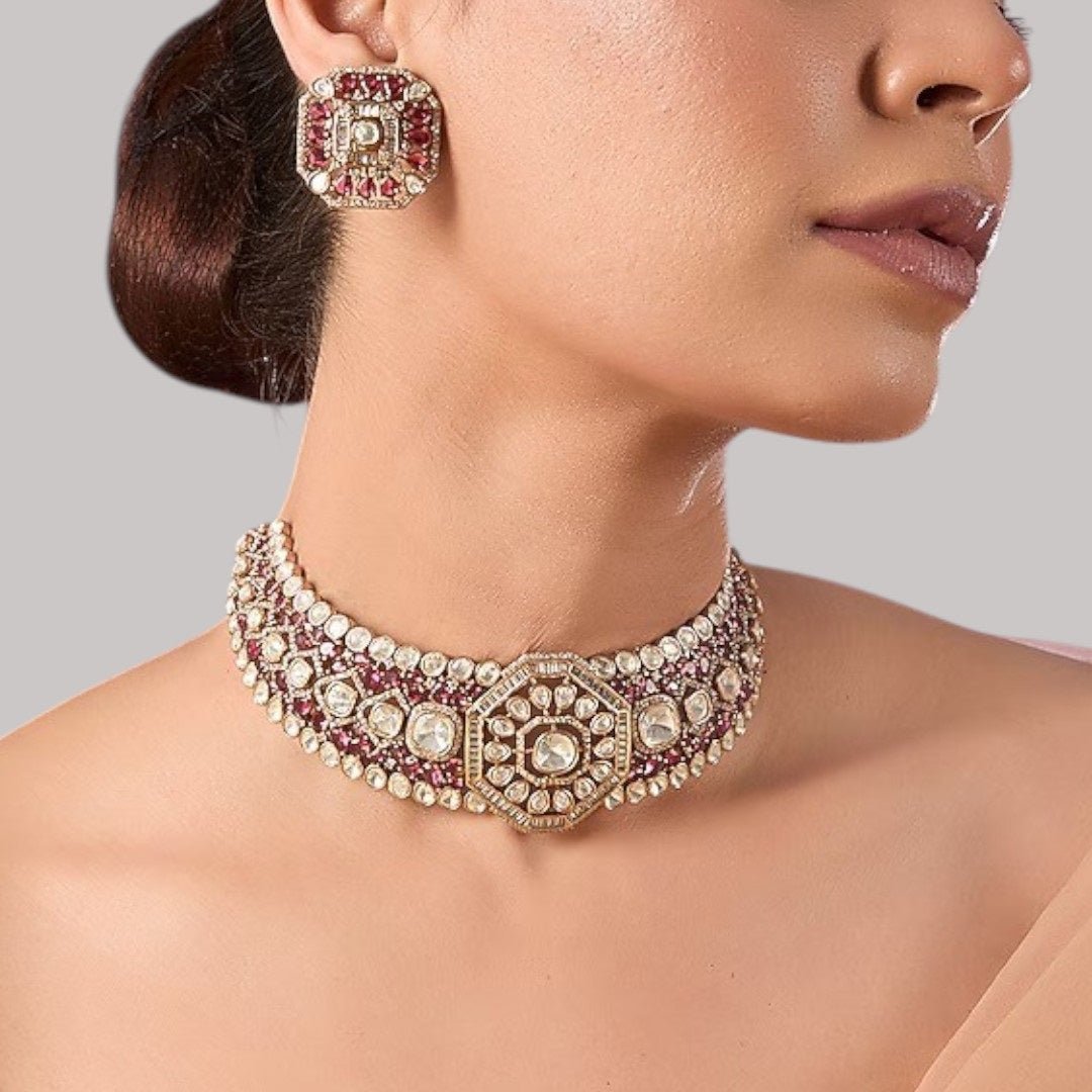 Gold - Plated Red Kundan & Pearl Choker Necklace Set with Stud Earrings - Auraa Trends - Necklace Set - - Auraa Trends - Woman wearing a gold - plated red kundan choker necklace set with matching square stud earrings and pearl detailing – perfect for weddings or festive occasions.