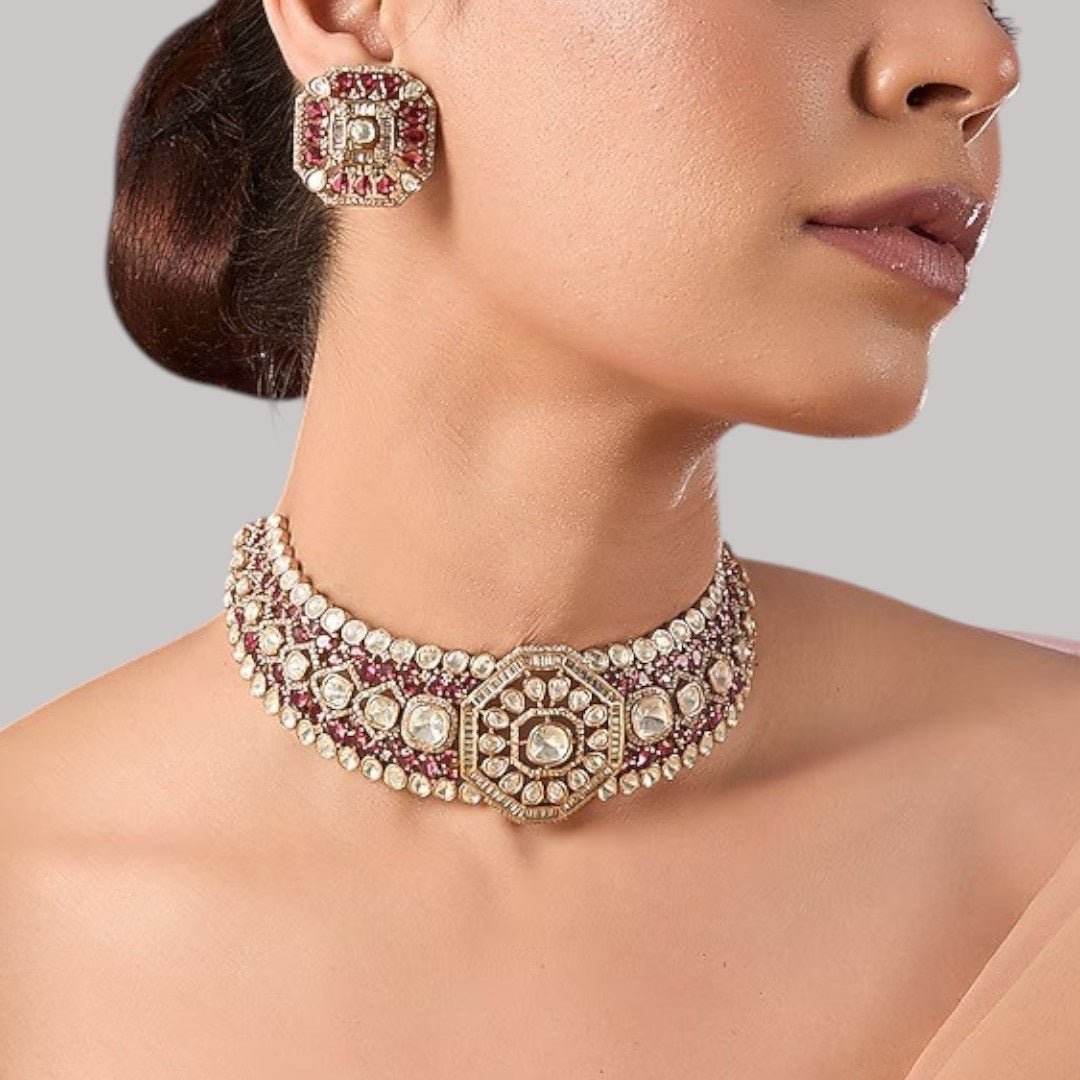 Gold-Plated Red Kundan & Pearl Choker Necklace Set with Stud Earrings - Auraa Trends