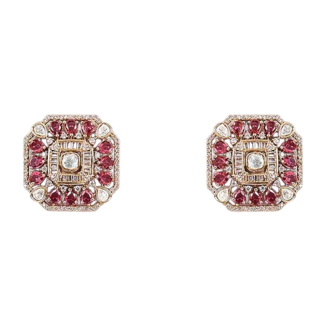 Gold - Plated Red Kundan & Pearl Choker Necklace Set with Stud Earrings - Auraa Trends - Necklace Set - - Auraa Trends - Woman wearing a gold - plated red kundan choker necklace set with matching square stud earrings and pearl detailing – perfect for weddings or festive occasions.