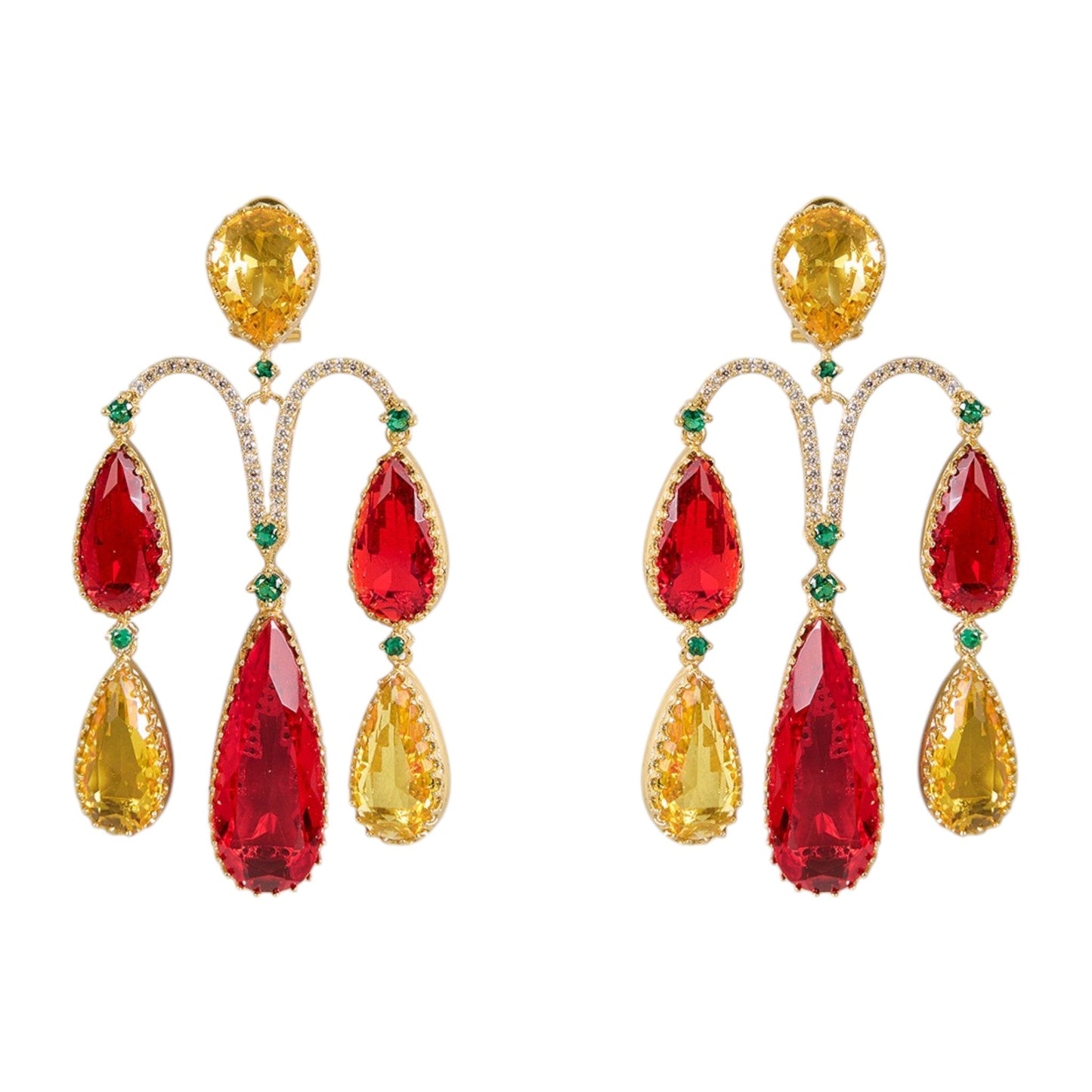 Gold - Plated Red & Yellow Statement Teardrop Earrings with Green Accents - Auraa Trends - Earrings - - Auraa Trends - "Bold gold - plated earrings with red and yellow teardrop stones, accented with green highlights and an arch - shaped statement design for festive or wedding wear."