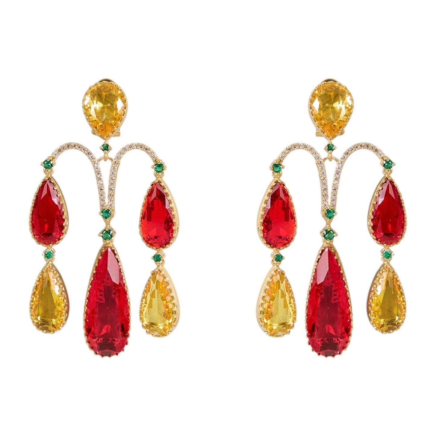 Gold-Plated Red & Yellow Statement Teardrop Earrings with Green Accents - Auraa Trends