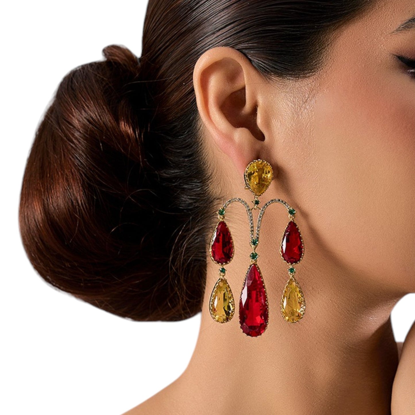 Gold - Plated Red & Yellow Statement Teardrop Earrings with Green Accents - Auraa Trends - Earrings - - Auraa Trends - "Bold gold - plated earrings with red and yellow teardrop stones, accented with green highlights and an arch - shaped statement design for festive or wedding wear."