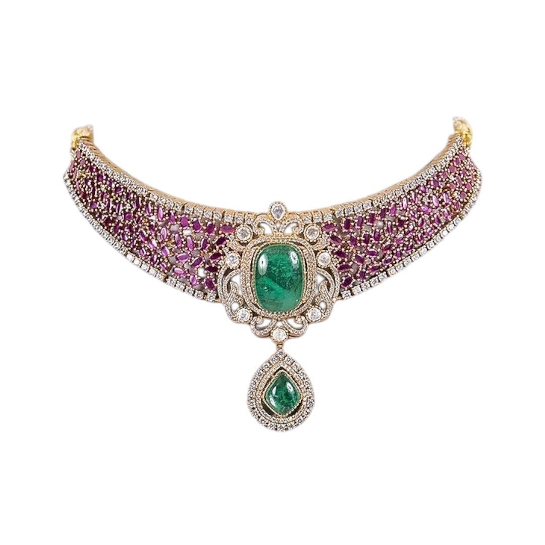 Gold - Plated Ruby Green Stone Choker Necklace Set with Drop Earrings - Auraa Trends - Necklace Set - - Auraa Trends - Woman wearing gold - plated ruby green choker necklace set with drop earrings
