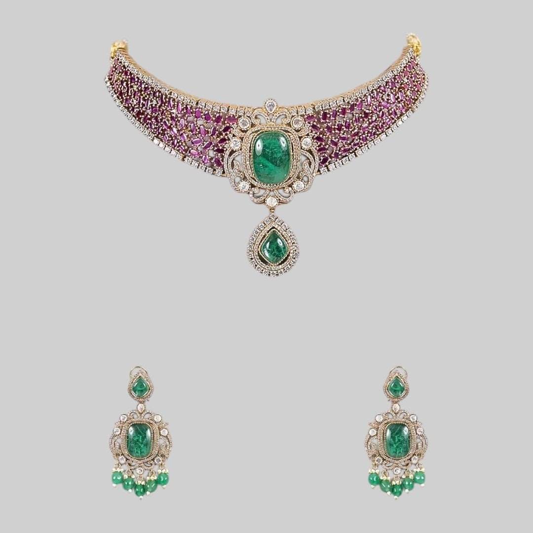Gold-Plated Ruby Green Stone Choker Necklace Set with Drop Earrings - Auraa Trends