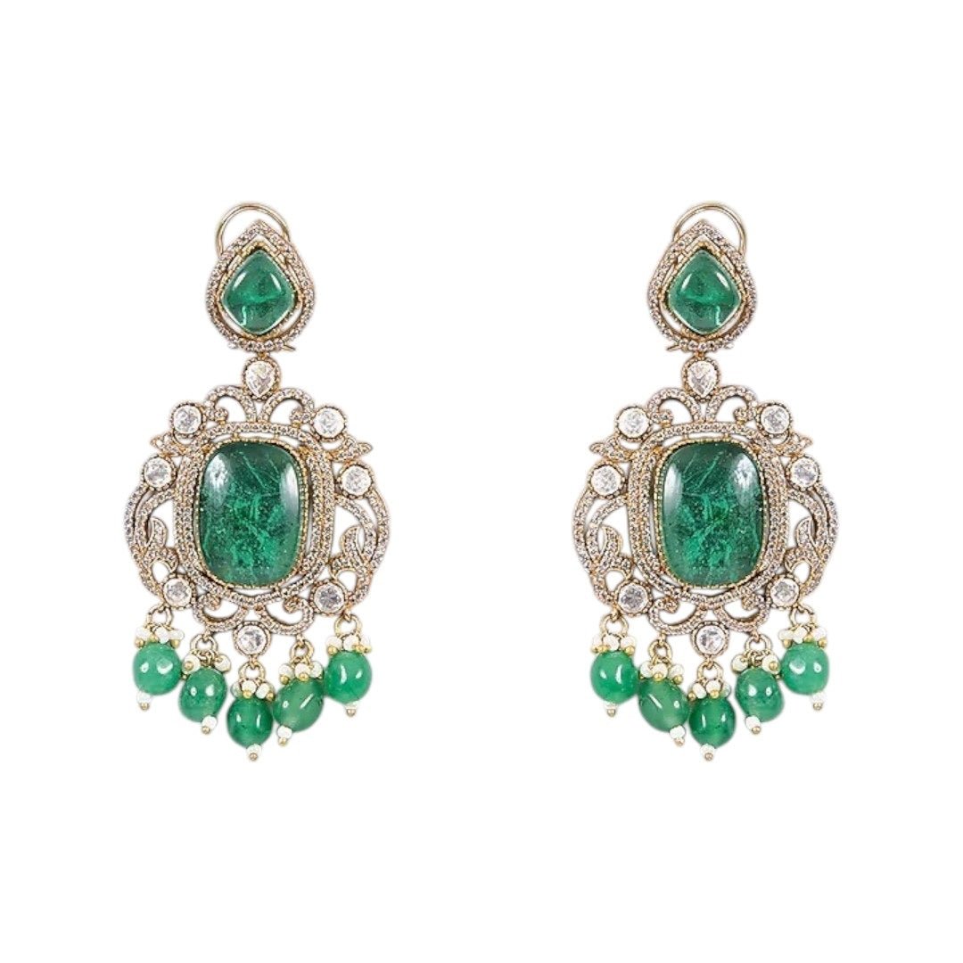 Gold - Plated Ruby Green Stone Choker Necklace Set with Drop Earrings - Auraa Trends - Necklace Set - - Auraa Trends - Woman wearing gold - plated ruby green choker necklace set with drop earrings